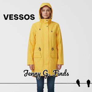 Vessos Womens Yellow Hooded Packable Zip Up Rain Coat Snap Button Pockets Med